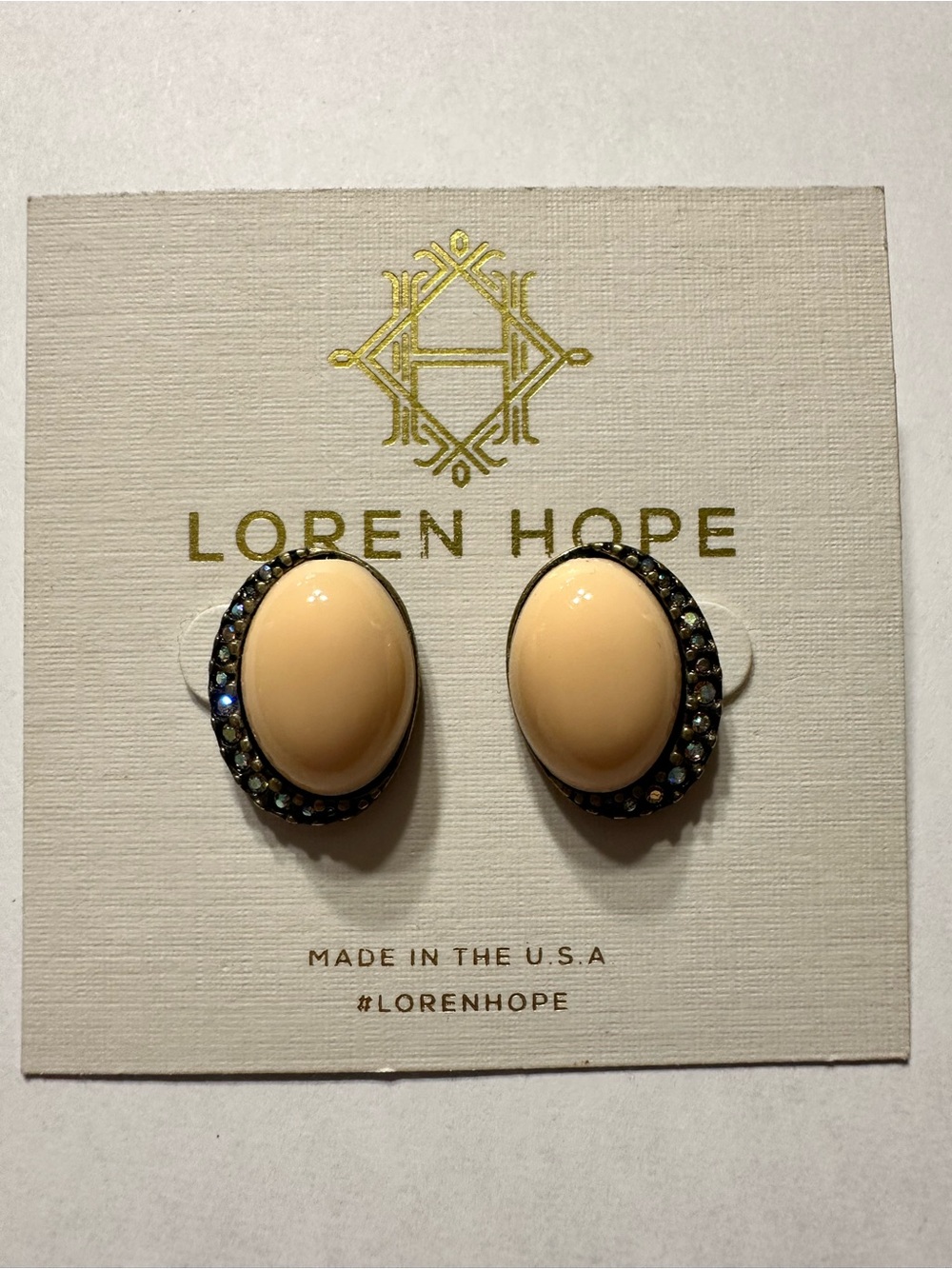Loren Hope Cream Oval Cabochon Earrings with Black Rhinestone Halo
